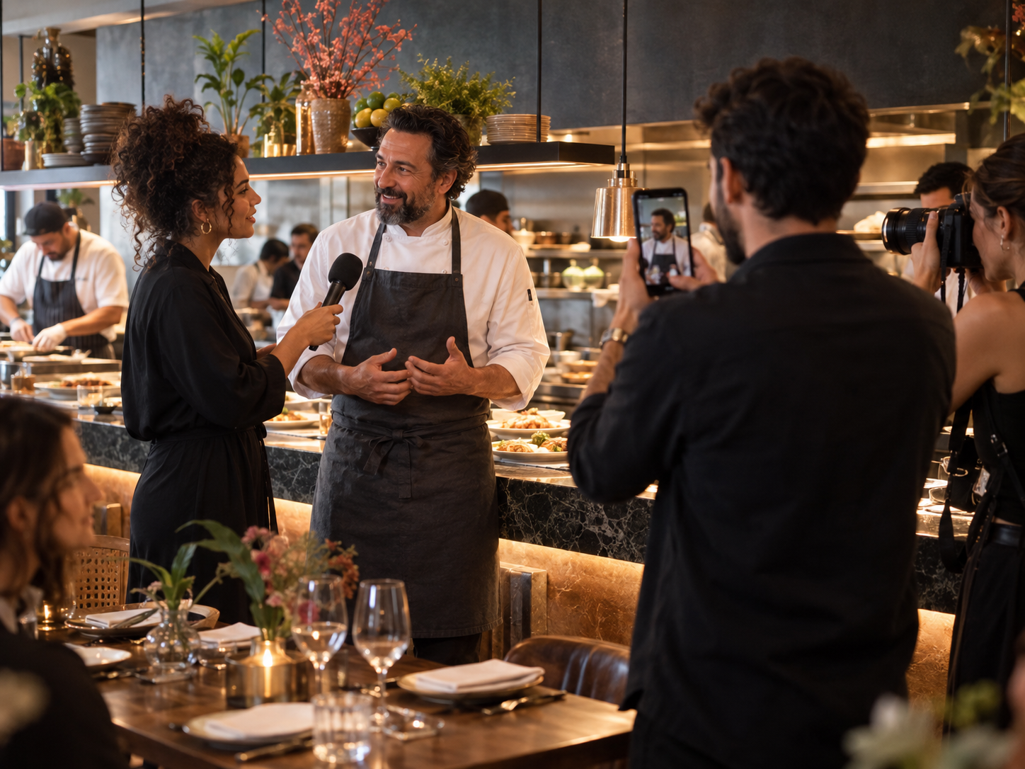 Creators a produzir conteúdo numa inauguração de restaurante
